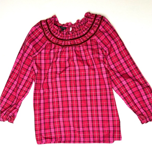 Talbots Velvet Trim Ruffle Popover Blouse in Moonlight Plaid Red and Pink Size L - Picture 3 of 8